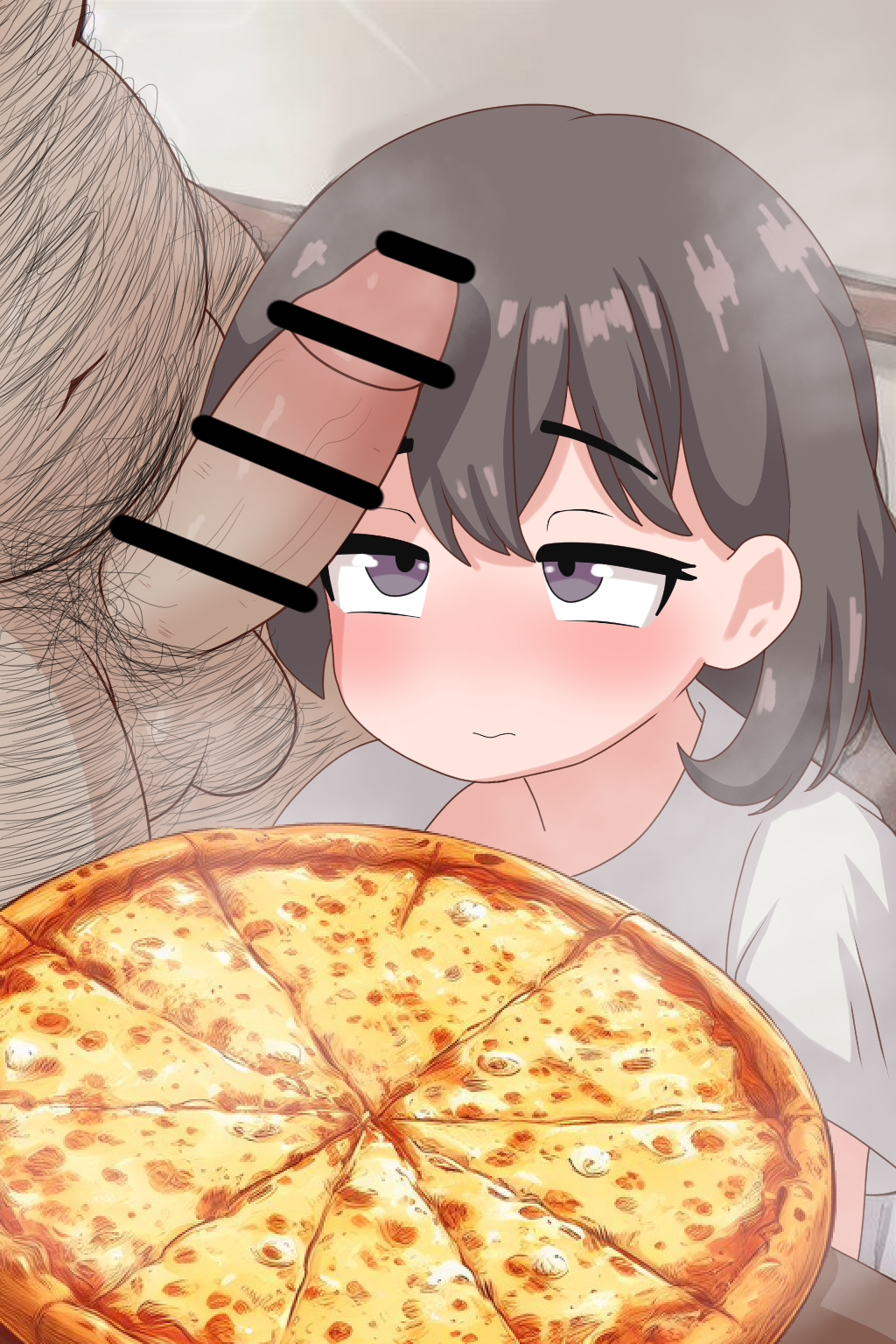 1boy 1girl age_difference bar_censor blush brown_eyes brown_hair censored clothed_female_nude_male fat fat_man food hairy hetero highres imminent_rape loli looking_up male_pubic_hair nude older_male_and_younger_female penis penis_awe pikopeko pizza pubic_hair rape short_hair shy sitting solo_focus testicles ugly_bastard bad_tag