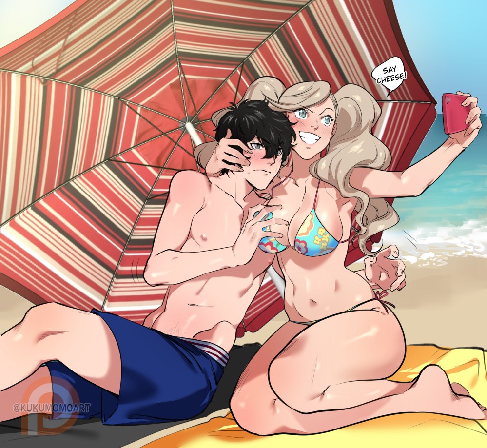 1boy 1girl amamiya_ren aqua_bikini barefoot beach beach_towel beach_umbrella bikini black_hair blonde_hair blue_eyes blue_sky blush breasts cellphone cleavage couple curvy day english_text floral_print floral_print_bikini grey_eyes grin hetero holding holding_phone kukumomo large_breasts long_hair looking_at_phone male_swimwear navel outdoors persona persona_5 phone print_bikini selfie sky smartphone smile speech_bubble stomach swim_trunks swimsuit takamaki_anne taking_picture thighs towel twintails umbrella wavy_hair