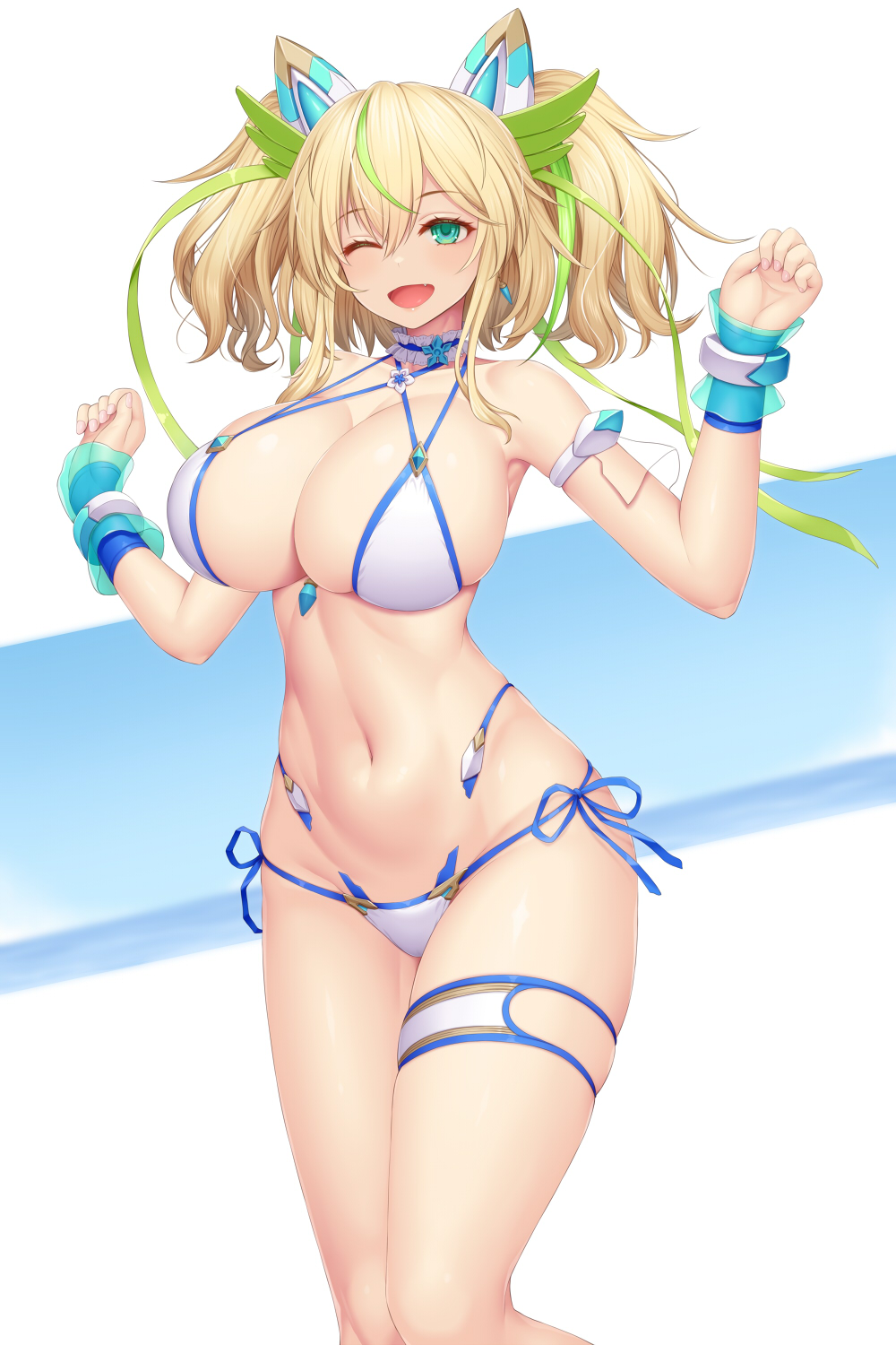 1girl :d aqua_eyes asamura_hiori bikini blonde_hair blush bracer breasts cleavage commentary_request gene_(pso2) hair_between_eyes hair_ornament hair_ribbon highres large_breasts medium_hair navel one_eye_closed open_mouth phantasy_star phantasy_star_online_2 ribbon smile solo standing swimsuit thigh_strap white_background