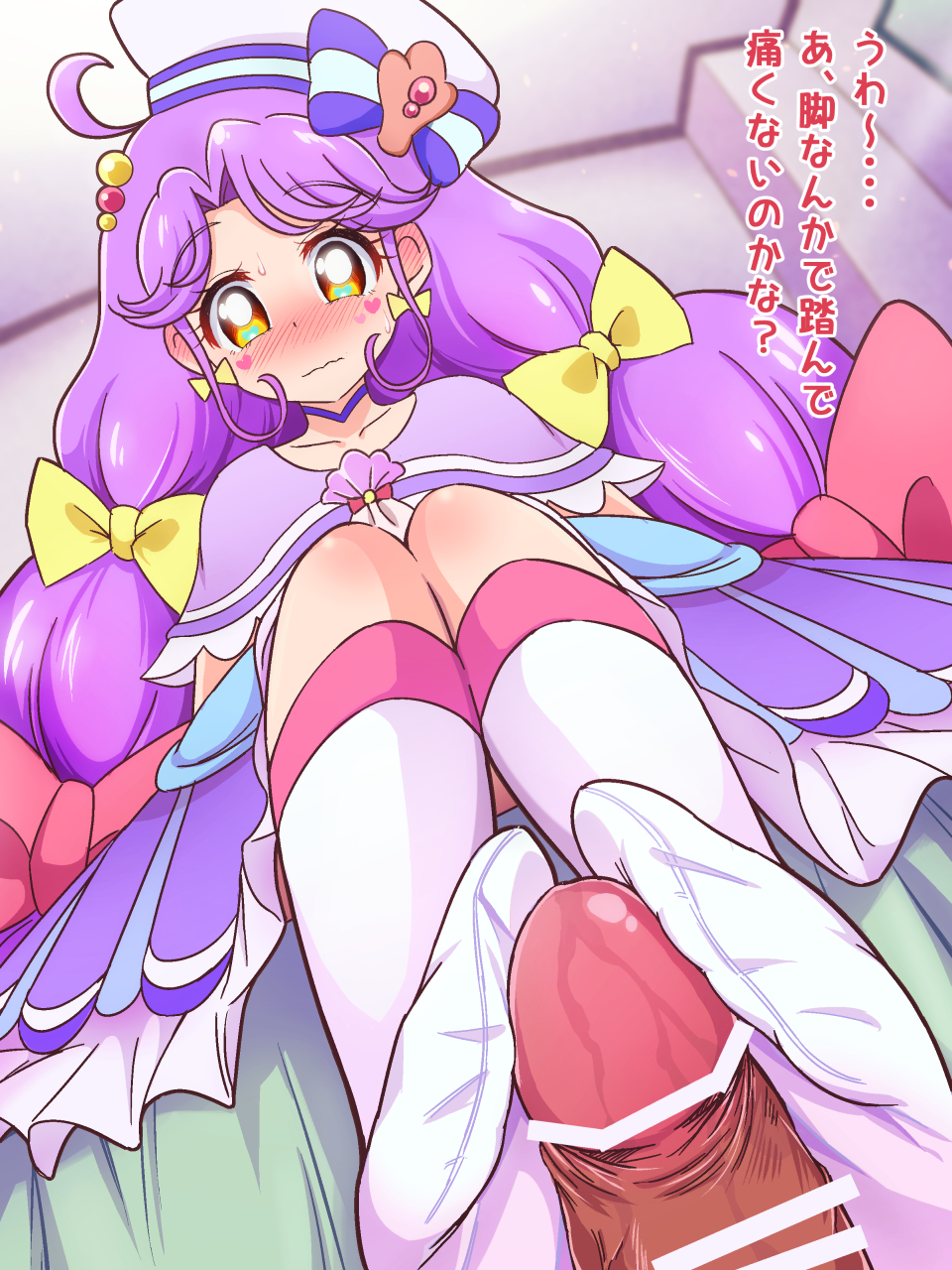 1boy 1girl ahoge ascot bar_censor bed bed_sheet bedroom blush bow bow_earrings bright_pupils brooch ceiling censored choker closed_mouth collarbone commentary cure_coral dress dutch_angle earrings embarrassed erection facial_mark feet foot_focus footjob footjob_with_legwear from_below hair_bobbles hair_bow hair_ornament hat hat_bow hat_ornament heart heart_facial_mark heart_in_eye heart_on_cheek highres indoors jewelry knees_together_feet_apart laika_(s4005146) layered_dress long_hair looking_at_viewer low_twintails magical_girl medium_dress multi-tied_hair multiple_hair_bows no_shoes on_bed orange_eyes penis pink_ascot pink_bow precure purple_choker purple_dress purple_hair purple_sailor_collar sailor_collar sailor_hat shell_brooch shell_hat_ornament sitting sleeveless sleeveless_dress socks suzumura_sango sweatdrop symbol_in_eye translated tropical-rouge!_precure twintails variant_set very_long_hair wavy_mouth white_hat white_pupils white_socks yellow_bow