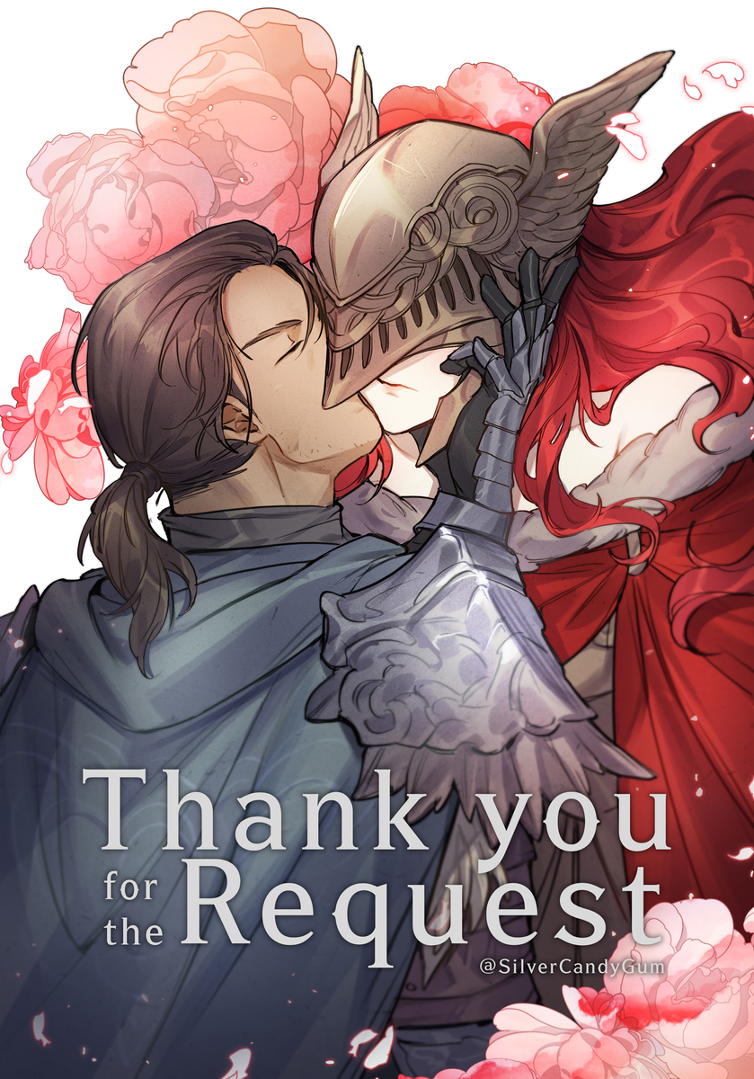 1boy 1girl :/ armor cape closed_eyes dark-skinned_male dark_skin elden_ring facial_hair floral_background fromsoftware height_difference helmet hetero highres kissing_cheek malenia_blade_of_miquella ponytail red_hair silvercandy_gum stubble tarnished_(elden_ring)