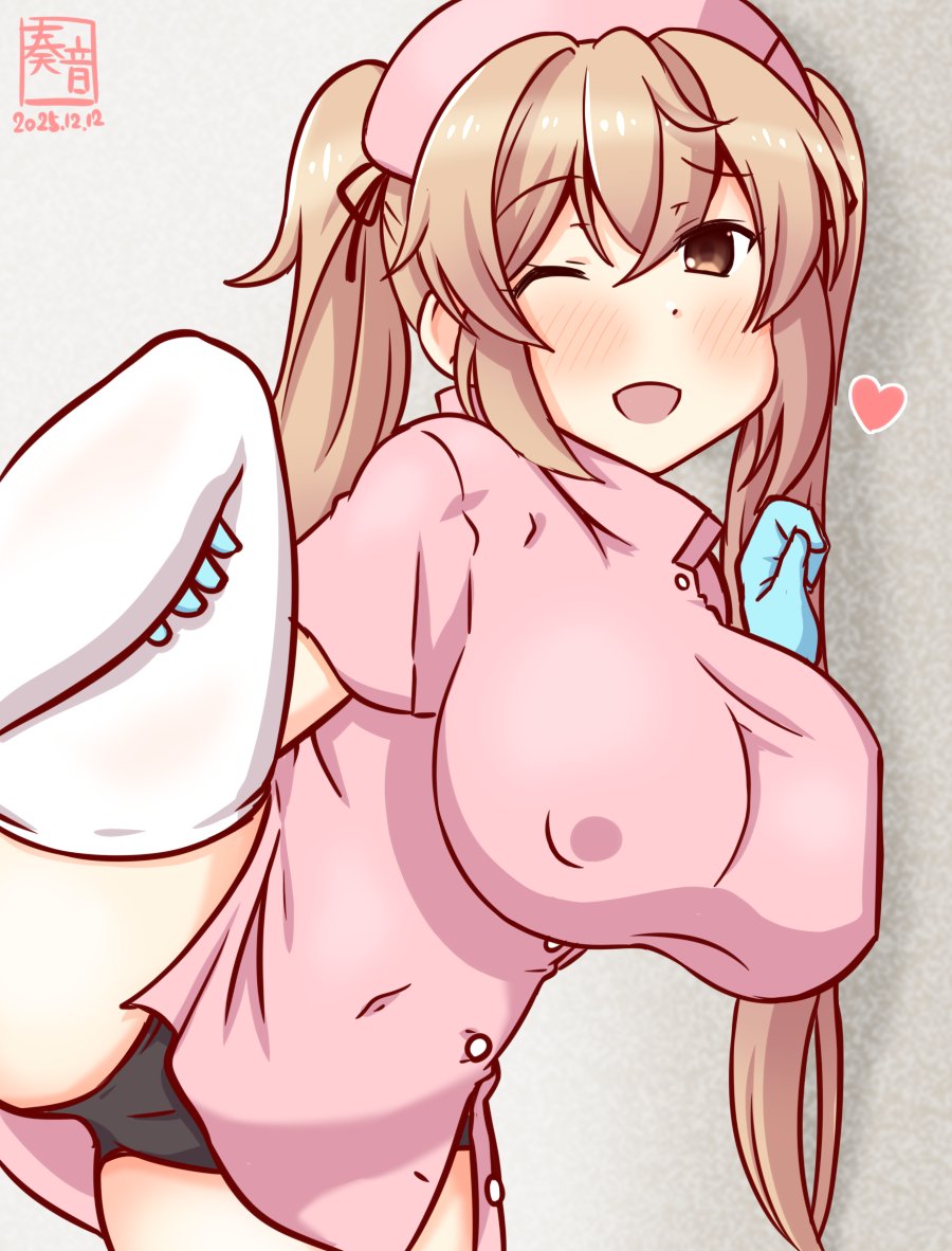 1girl alternate_costume artist_logo black_panties blush brown_eyes brown_hair commentary_request dated dress erection hair_ribbon hat kanon_(kurogane_knights) kantai_collection logo long_hair looking_at_viewer murasame_(kancolle) nurse nurse_cap panties pink_dress ribbon smile solo standing standing_on_one_leg thighhighs twintails underwear white_thighhighs