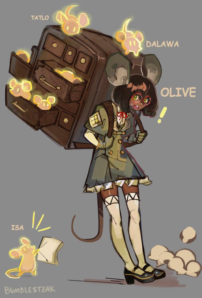! 1girl :o animal_ears artist_name backpack bag black_hair blush book brown_hair bumblesteak dalawa dark-skinned_female dark_skin dust dust_cloud ghost glasses gloves green_eyes green_gloves grey_background high_heels isa_(bumblesteak) knob long_sleeves looking_at_viewer mary_janes mouse_(animal) mouse_ears mouse_girl mouse_tail olive_(bumblesteak) open_mouth original paper shirt shoes short_hair simple_background solo sweat tail tatlo teeth thighhighs zettai_ryouiki