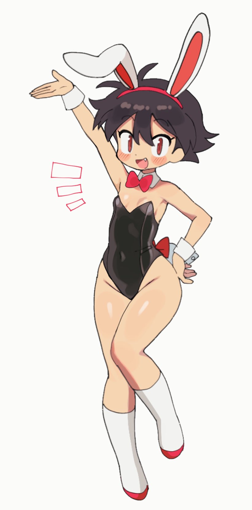 1girl :d animal_ears arm_up bare_shoulders batrobin_k black_hair black_leotard blush bow bowtie breasts covered_navel detached_collar fake_animal_ears full_body groin hair_between_eyes hairband hand_on_own_hip highres leotard loli looking_at_viewer open_mouth original playboy_bunny rabbit_ears rabbit_tail red_bow red_bowtie red_eyes shoes short_hair simple_background small_breasts smile socks solo standing standing_on_one_leg strapless strapless_leotard tail white_background white_socks wrist_cuffs