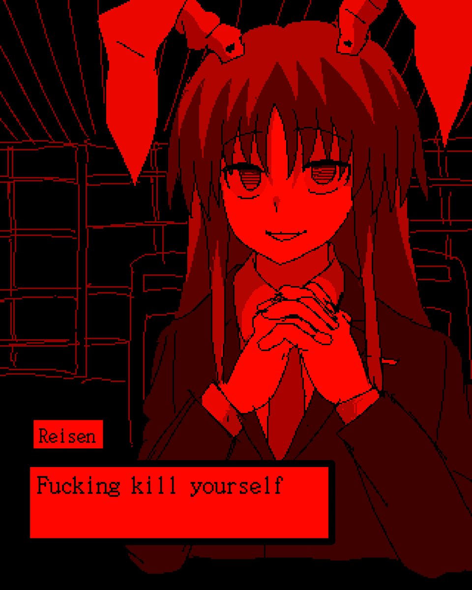 1girl animal_ears blazer collared_shirt dialogue_box english_text false_smile highres indoors insult interlocked_fingers jacket long_hair long_sleeves looking_at_viewer monochrome necktie open_mouth pixel_art rabbit_ears rabbit_girl red_theme reisen_udongein_inaba shirt sidelocks smile solo touhou upper_body variant_set wide-eyed yukine_0930