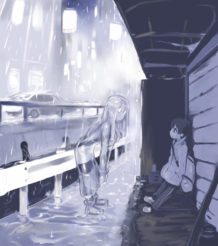 Anime girl leaning against a wall