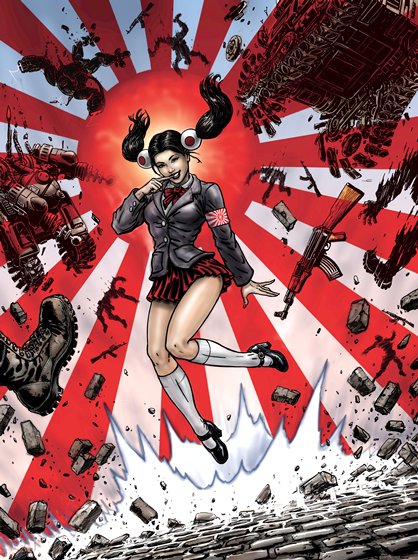 1girl army bow command_&amp;_conquer high_heels military military_vehicle motor_vehicle poster_(medium) red_alert_3 rising_sun_flag school_uniform skirt striped_background sunburst tank twintails white_legwear yuriko_omega