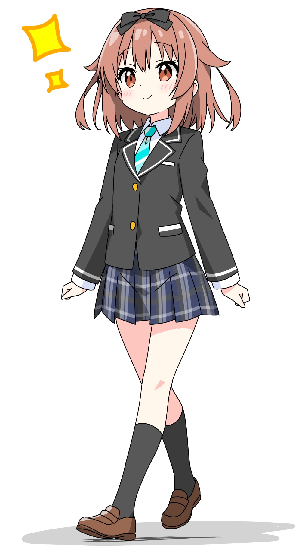 1girl aqua_necktie black_bow black_jacket black_socks blazer blue_skirt blush bow brown_eyes brown_hair brown_shoes buttons closed_mouth collared_shirt commentary_request dot_nose full_body hair_bow highres jacket kneehighs kotatsu-mazoku layered_sleeves loafers long_sleeves miniskirt necktie original plaid_clothes plaid_skirt pleated_skirt shirt shoes short_hair simple_background skirt smile socks solo sparkle standing striped_clothes striped_necktie tsumugi_(kotatsu-mazoku) white_background white_shirt