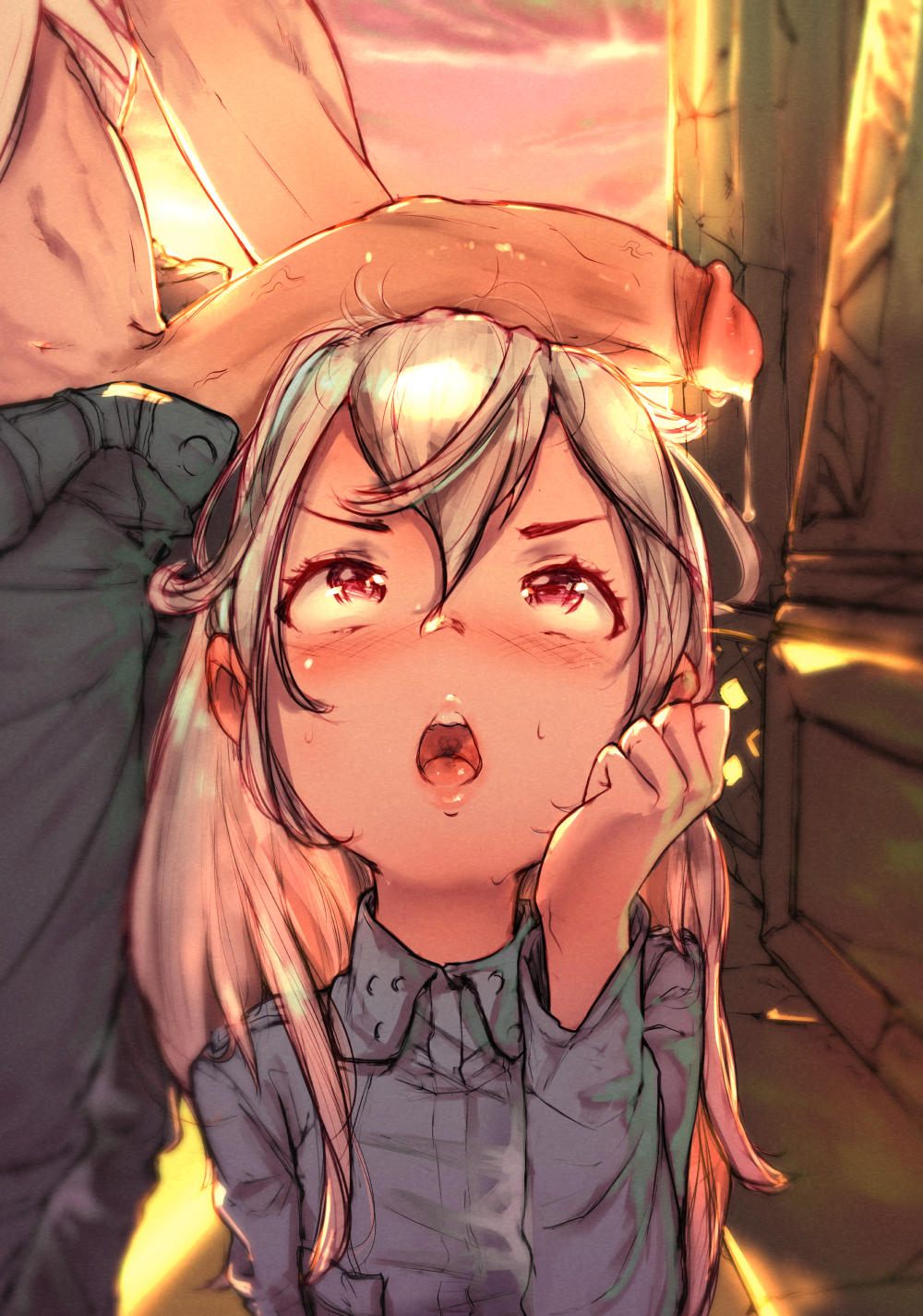 1boy 1girl aged_down blush commission diathorn eila_ilmatar_juutilainen hair_between_eyes highres large_penis loli long_hair long_sleeves looking_up open_mouth outdoors pants penis penis_awe penis_on_head precum solo_focus standing strike_witches sweat teeth tongue uncensored upper_body world_witches_series