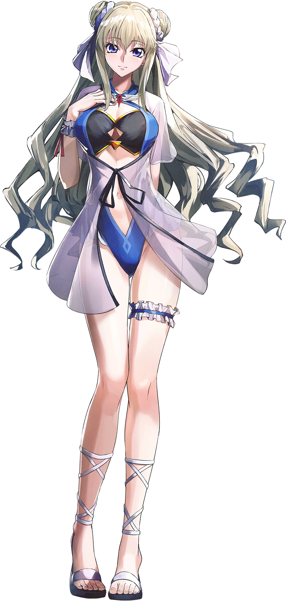 1girl bikini black_bikini blonde_hair blue_eyes blue_one-piece_swimsuit breasts code_geass code_geass:_boukoku_no_akito code_geass:_genesic_re;code code_geass:_soubou_no_oz cone_hair_bun full_body hair_bun highres large_breasts leila_malcal long_hair looking_at_viewer official_art one-piece_swimsuit purple_eyes simple_background smile solo swimsuit transparent_background very_long_hair