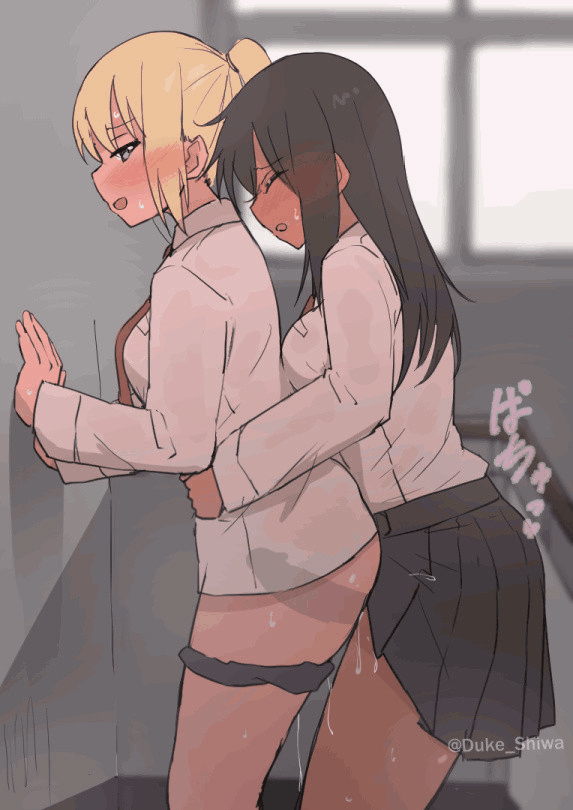 1futa 1girl animated animated_gif black_hair black_skirt blonde_hair blush bottomless breasts clenched_teeth closed_eyes cum cum_overflow ejaculation futa_with_female futanari grey_eyes hand_on_wall hands_on_another's_waist long_hair medium_breasts necktie open_mouth orgasm original panties panty_pull pleated_skirt ponytail pussy_juice red_necktie sex sex_from_behind shirt shiwa_kou skirt stairs stairwell standing sweat tagme teeth underwear white_shirt window x-ray yuri