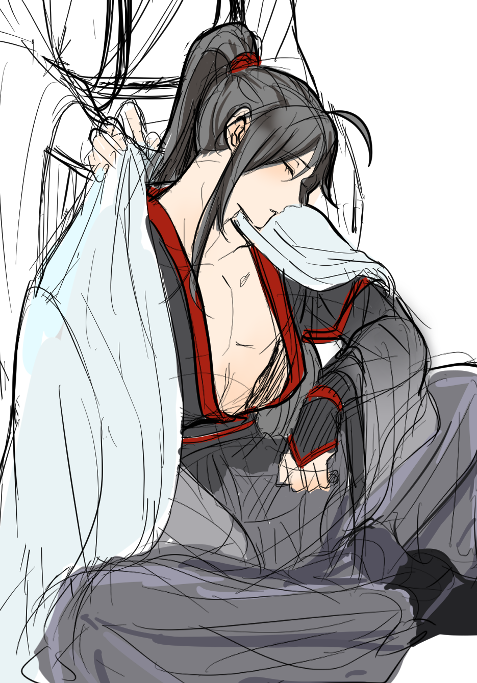 2boys ahoge aslle black_boots black_hair black_hanfu blanket boots chinese_clothes closed_eyes closed_mouth clothes_blanket commentary_request covering_with_blanket hanfu head_out_of_frame highres holding holding_blanket indian_style lan_wangji long_hair male_focus modao_zushi multiple_boys open_clothes partially_colored pectoral_cleavage pectorals ponytail robe sash sidelocks sitting sketch sleeping sleeping_upright sleeves_past_wrists solo_focus wei_wuxian white_background white_hanfu wide_sleeves yaoi