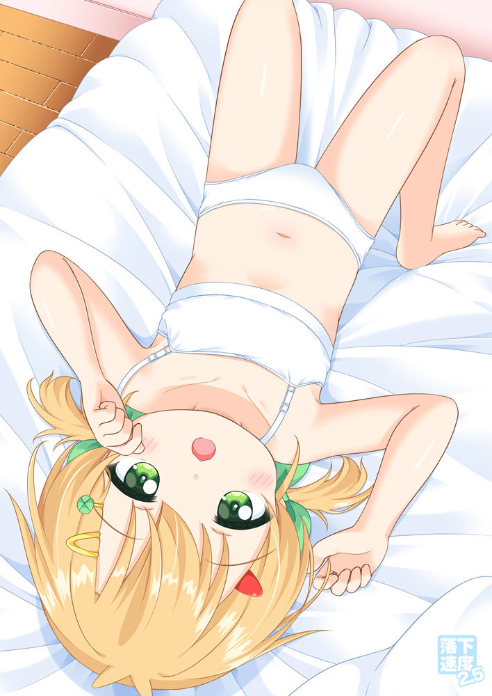 1girl artistic_error bad_feet barefoot blonde_hair blush bra collarbone comiket_107 flat_chest green_eyes hair_ornament hairclip hao_(pila-pela) loli looking_at_viewer lying navel on_back open_mouth original panties pila-pela solo training_bra twintails underwear underwear_only upside-down white_bra white_panties wrong_foot