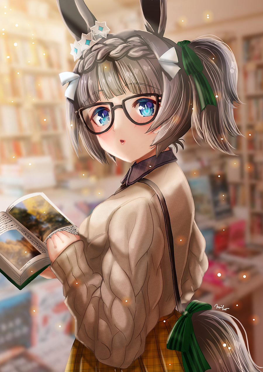 1girl alternate_costume animal_ears black-framed_eyewear black_hair black_shirt blue_eyes blurry blurry_background blush book bookstore braid clothing_cutout collared_shirt commentary_request crown_braid ear_ornament glasses highres holding holding_book horse_ears horse_girl horse_tail indoors looking_at_viewer open_book orange_skirt otono_(bkt4b) parted_lips plaid_clothes plaid_skirt ponytail shirt shop short_ponytail skirt solo sweater tail tail_through_clothes umamusume zenno_rob_roy_(umamusume)