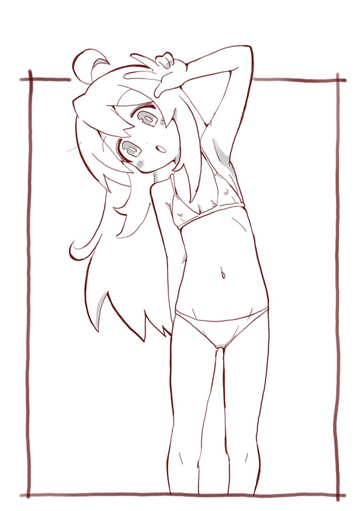 1girl ahoge arm_behind_back bad_tag border bra breasts cleavage covered_erect_nipples feet_out_of_frame loli long_hair navel onii-chan_wa_oshimai! open_mouth outside_border oyama_mahiro panties sidelocks simple_background small_breasts solo standing underwear v white_background zubatto_(makoto)