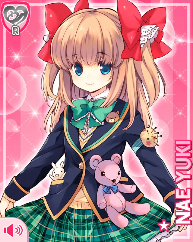 1girl blue_eyes bow bowtie brown_hair card_(medium) cardigan character_name girlfriend_(kari) green_bow green_bowtie green_skirt hair_bow jacket looking_at_viewer miniskirt official_art pincushion pink_background plaid_clothes plaid_skirt pleated_skirt qp:flapper red_bow school_uniform sewing_pin shirt skirt skirt_hold smile solo standing stuffed_animal stuffed_toy teddy_bear white_shirt yellow_cardigan yuki_nae