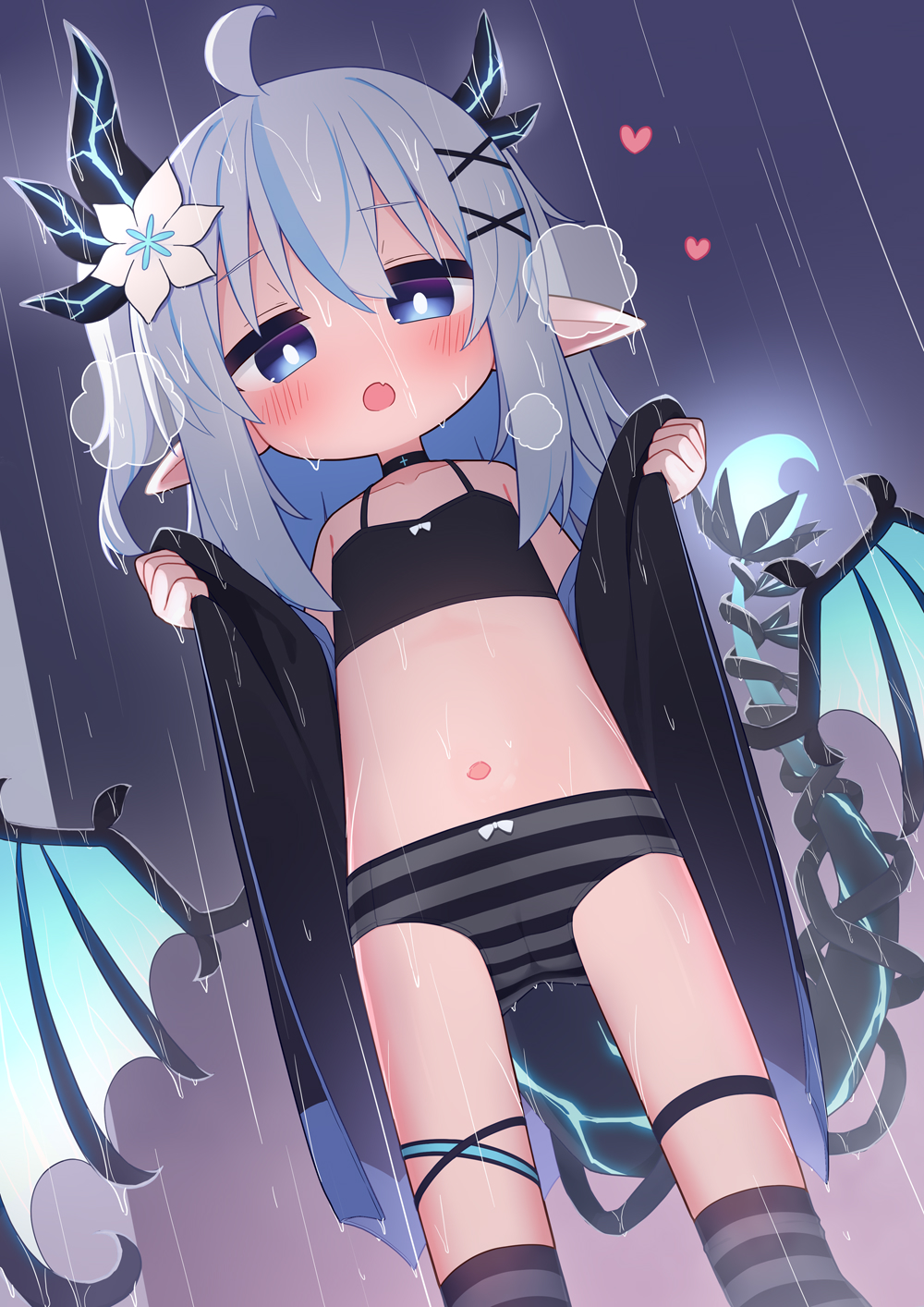 1girl ahoge black_bra black_camisole black_choker black_panties black_tail black_thighhighs blue_eyes blue_hair blue_tail blue_wings blush borrowed_character bow bow_panties bra camisole choker collarbone commentary_request elusion_(konununui) fang flat_chest flower from_below grey_hair hair_flower hair_ornament heart heavy_breathing highres loli long_hair looking_at_viewer low_wings multicolored_hair navel open_clothes open_mouth original panties pointy_ears rain skin_fang solo streaked_hair striped_clothes striped_panties striped_thighhighs tail thigh_strap thighhighs underwear wet wet_clothes wet_hair white_flower wings x_hair_ornament yuune_(ayanepuna)