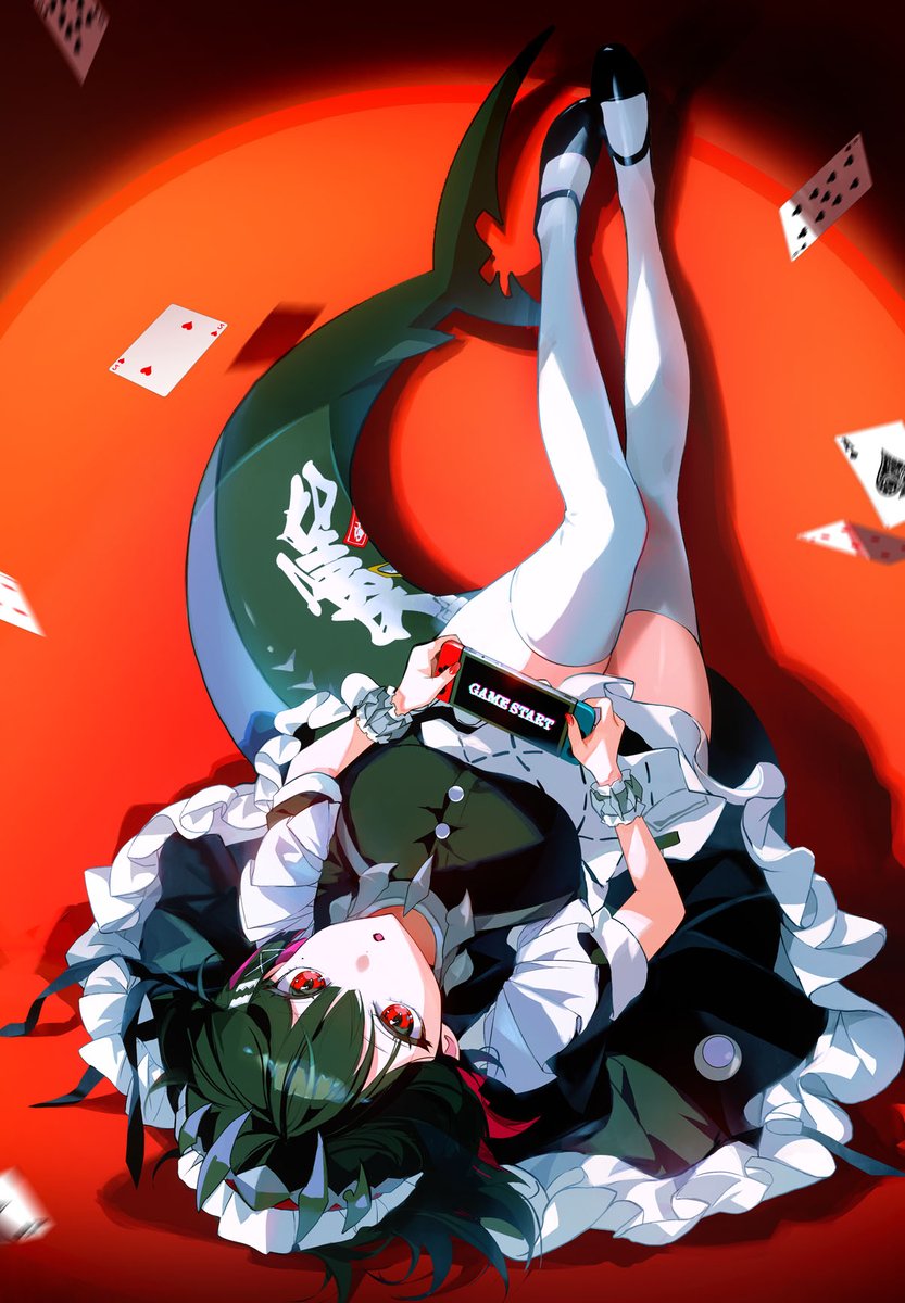 1girl adapted_costume black_dress black_hair black_shoes breasts card colored_inner_hair commentary_request dress ellen_joe fins fish_tail frilled_wristband full_body hairband handheld_game_console highres holding holding_handheld_game_console large_breasts looking_at_viewer lying maid_headdress metal_hairband mole mole_under_eye multicolored_hair nintendo_switch on_back razor_blade_hair_ornament red_background red_eyes red_nails scar scar_on_tail shark_girl shark_tail shoes short_hair solo spiked_headband tail thighhighs upside-down white_thighhighs zenless_zone_zero zuco