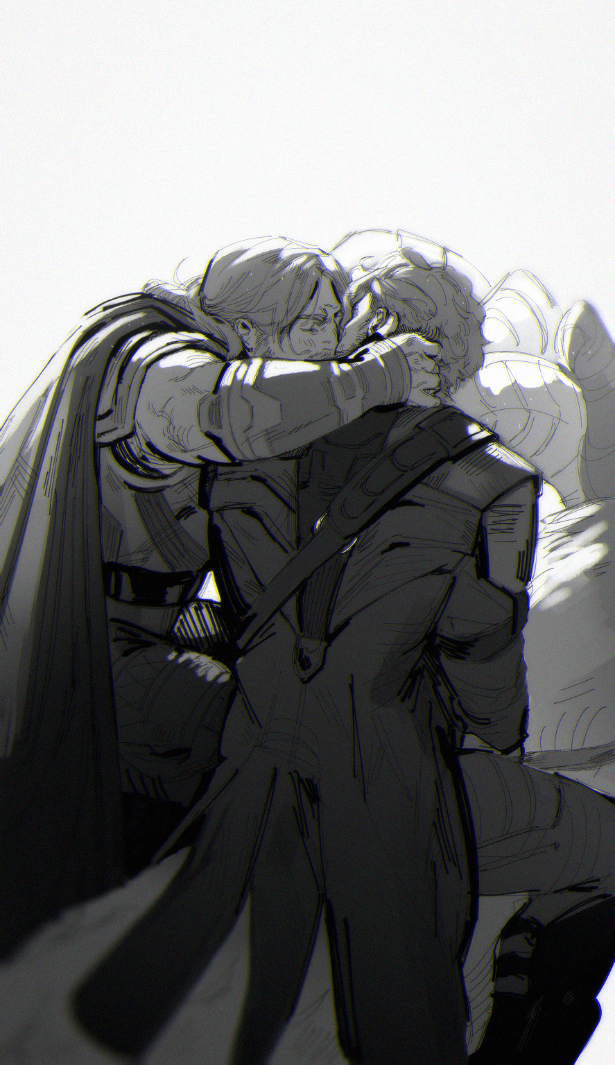 2boys beard blurry bracer cape couple depth_of_field facial_hair from_behind greyscale guardians_of_the_galaxy hashtag-only_commentary highres jacket kiss limach-an long_hair male_focus marvel monochrome multiple_boys muscular muscular_male peter_quill short_hair sitting star-lord thor_(marvel) thor_(marvel)_(series) white_background yaoi