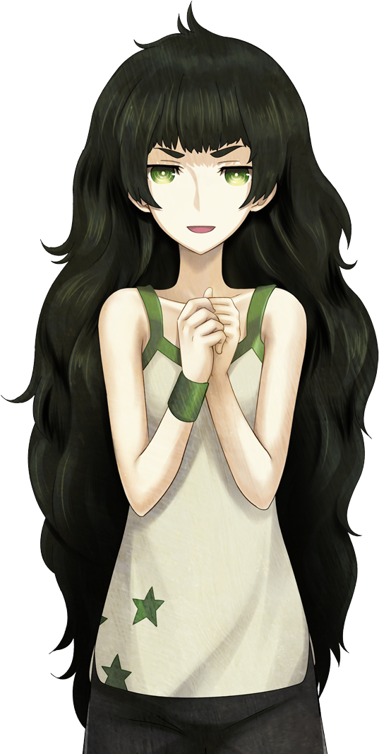 1girl armband bare_shoulders black_shorts blunt_bangs collar collarbone flat_chest game_cg green_armband green_collar green_eyes green_hair green_trim hiyajou_maho huke large_variant_set long_hair looking_at_viewer messy_hair non-web_source official_art open_mouth own_hands_together science_adventure shorts smile solo sprite star_(symbol) star_print steins;gate steins;gate_0 striped_clothes striped_shorts tank_top transparent_background variant_set very_long_hair