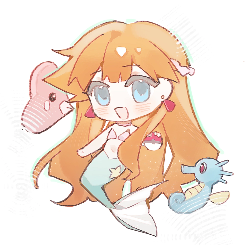 1girl :d artist_request bikini bikini_top_only blue_eyes blush chibi choker earrings eyelashes full_body gen_1_pokemon gen_3_pokemon holding holding_poke_ball horsea jewelry long_hair looking_at_viewer luvdisc mermaid mermaid_misty_(pokemon) misty_(pokemon) monster_girl monsterification navel necklace nintendo open_mouth orange_hair pink_bikini poke_ball poke_ball_(basic) pokemon pokemon_(anime) pokemon_(classic_anime) pokemon_(creature) shell shell_bikini sidelocks simple_background smile source_request swimsuit very_long_hair white_background