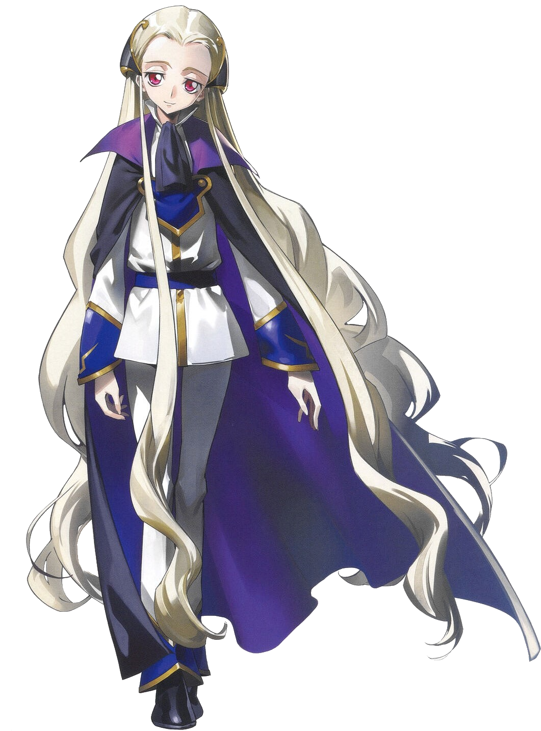 1boy blonde_hair blue_cape cape code_geass code_geass:_genesic_re;code full_body highres long_hair male_focus official_art open_mouth purple_eyes sidelocks smile solo teeth transparent_background v.v. very_long_hair
