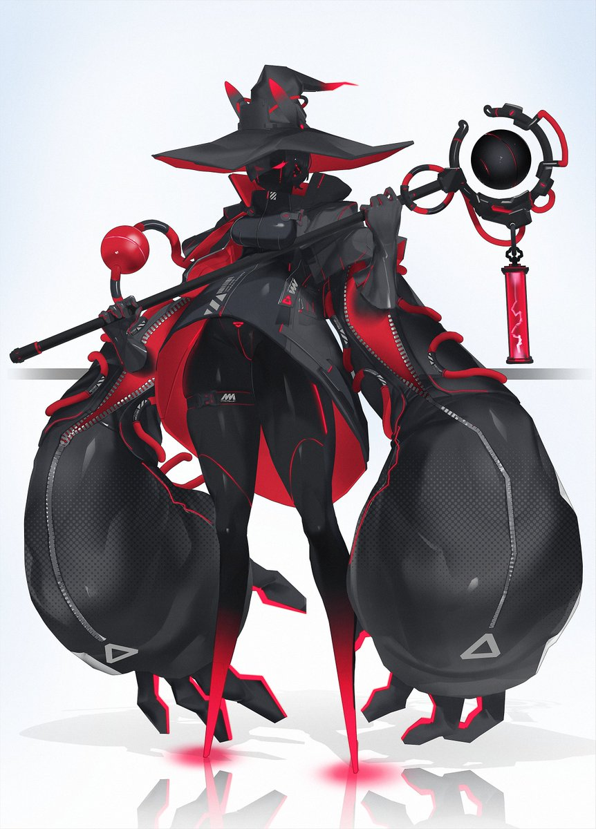 1girl black_bodysuit black_hair black_jacket black_skin bodysuit breasts colored_skin covered_groin echanis_enicha extra_arms gloves grey_gloves hat highres holding holding_staff horns jacket no_feet original red_eyes red_hat reflective_floor short_hair solid_eyes staff standing thick_thighs thigh_strap thighs two-tone_hat white_background witch_hat zipper