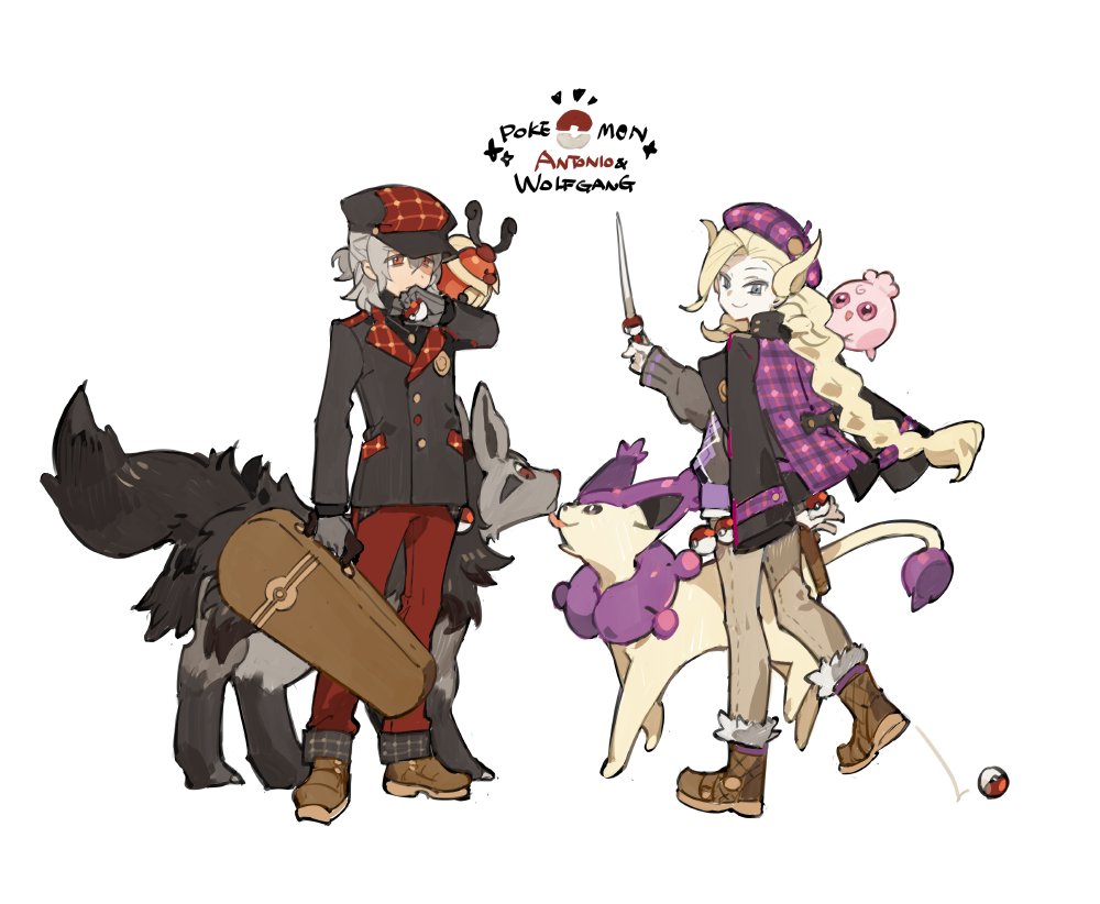 2boys antonio_salieri_(fate) argyle_clothes argyle_sweater asymmetrical_bangs bag beret black_headwear black_jacket black_shirt blonde_hair blue_eyes boots braid brown_boots brown_pants newsboy_cap covered_mouth delcatty dropping fate/grand_order fate_(series) full_body fur-trimmed_boots fur_trim gen_2_pokemon gen_3_pokemon gen_4_pokemon gloves grey_gloves grey_hair grey_sweater hair_between_eyes half_updo hand_up hat holding holding_bag holding_poke_ball holding_wand igglybuff jacket jacket_on_shoulders jewelry kricketot long_hair long_sleeves looking_at_viewer looking_back male_focus mightyena multicolored_jacket multiple_boys necklace nintendo on_shoulder pants parody plaid_clothes plaid_jacket poke_ball poke_ball_(basic) pokemon pokemon_(creature) pokemon_on_shoulder purple_headwear purple_jacket red_eyes red_headwear red_pants shirt shoes simple_background single_braid smile standing starshadowmagician sweater turtleneck two-tone_headwear two-tone_jacket wand white_background wolfgang_amadeus_mozart_(fate)