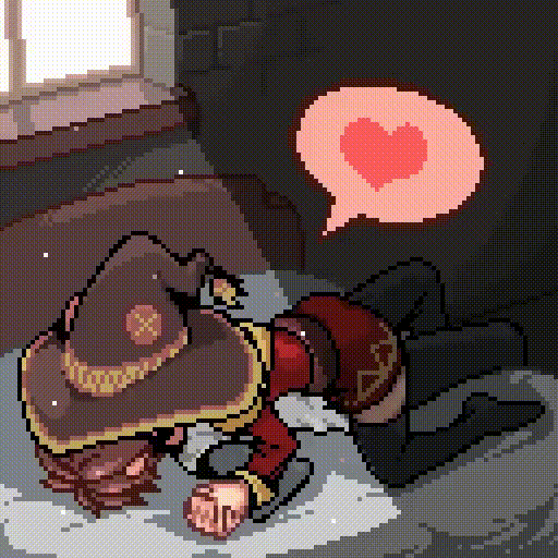 1boy 1girl animated animated_gif ass assertive_female bed brown_hair dry_humping girl_on_top hat heart hetero holding_hands humping kiss kono_subarashii_sekai_ni_shukufuku_wo! lying megumin momiahair pants pixel_art satou_kazuma sexually_suggestive short_hair spoken_heart witch_hat