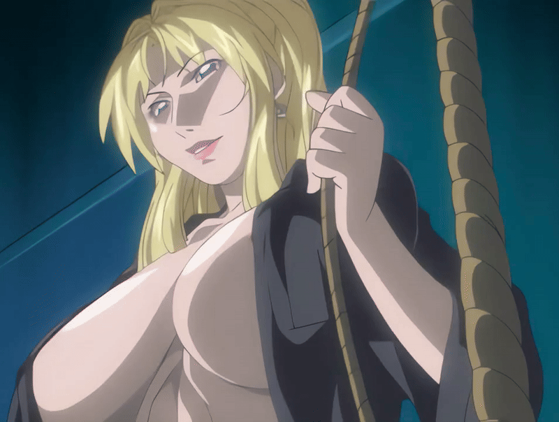 00s 2006 animated animated_gif anime_screenshot back bible_black bible_black_new_testament blonde_hair bouncing_breasts breasts earrings high_ponytail jewelry large_breasts lipstick makeup ponytail pulling purple_eyes robe rope saeki_kaori shin_bible_black solo tagme