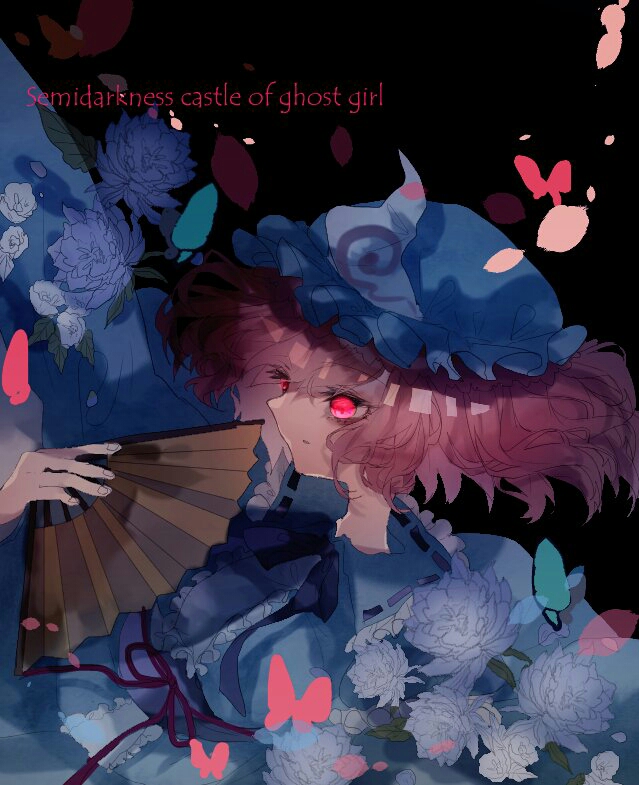 1girl black_background blue_flower blue_hat blue_kimono closed_mouth commentary_request english_text engrish_text expressionless flower folding_fan frilled_kimono frills hand_fan hat holding holding_fan japanese_clothes kimono looking_afar mob_cap one-hour_drawing_challenge pink_hair ranguage red_eyes saigyouji_yuyuko shinjitsu_no_kuchi short_hair simple_background solo touhou triangular_headpiece upper_body