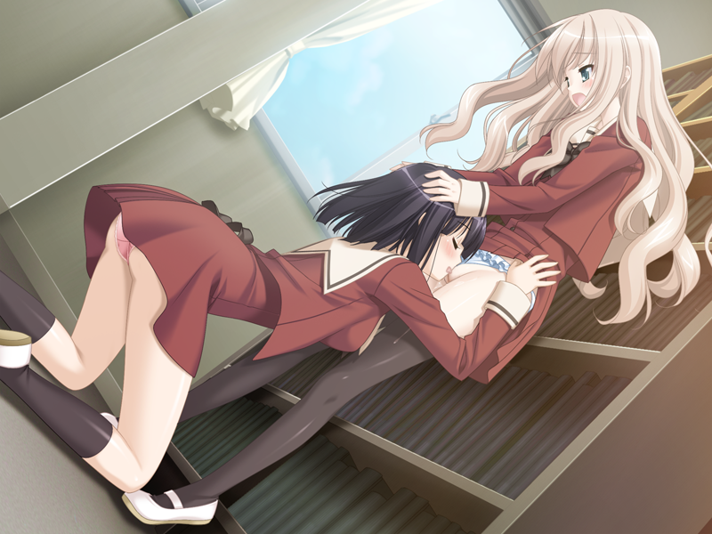 2girls age_difference black_hair black_socks blonde_hair blue_eyes blush censored clothes_lift clothing_aside cunnilingus decensored game_cg hand_on_another's_head height_difference indoors kani_biimu kawamura_reo kneehighs kneeling library loli long_hair mosaic_censoring multiple_girls onee-loli oral panties panties_aside pussy sawaguchi_mai school_uniform short_hair skirt skirt_lift socks sono_hanabira_ni_kuchizuke_wo standing thighhighs third-party_edit uncensored underwear wavy_hair yuri
