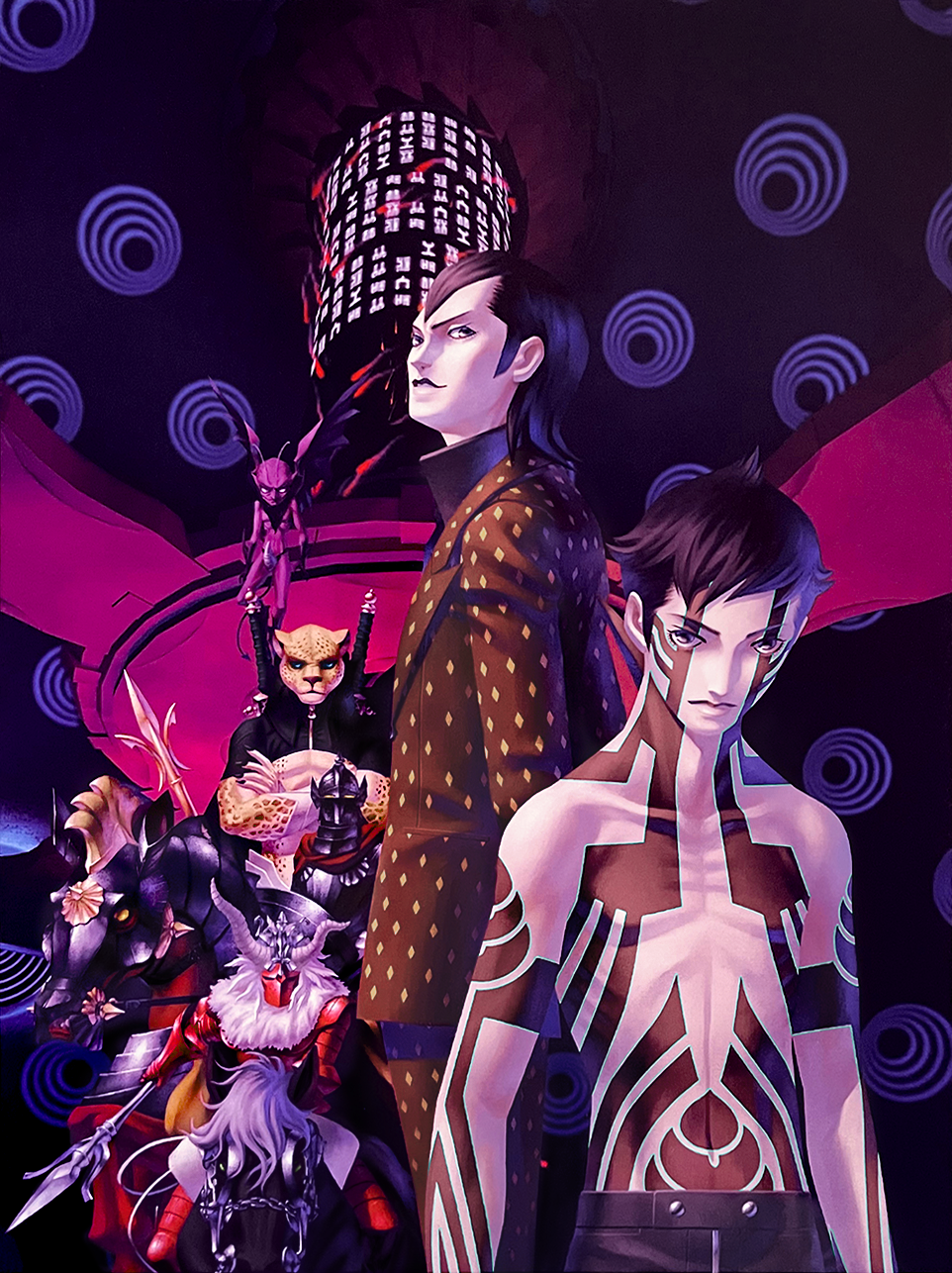 6+boys armor berith_(megami_tensei) black_hair black_horse cape crossed_arms demi-fiend demon_(megami_tensei) eligor_(megami_tensei) fake_horns furry furry_male helmet highres hikawa_(megami_tensei) holding holding_polearm holding_weapon horned_helmet horns horse incubus_(megami_tensei) kazuma_kaneko multiple_boys official_art ose_(megami_tensei) polearm red_cape red_horse shin_megami_tensei shin_megami_tensei_iii:_nocturne shiraishi_megumi_(colorist) third-party_source topless_male weapon wings