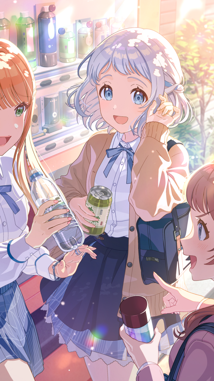 3girls bag blonde_hair blue_eyes blue_hair bottle bracelet braid can cardigan collared_shirt gakuen_idolmaster game_cg green_eyes grey_hair hanami_saki holding idolmaster jewelry katsuragi_lilja multicolored_hair multiple_girls neck_ribbon official_art open_mouth orange_hair pointing profile red_hair ribbon ring school_bag shirt shiun_sumika skirt tree vending_machine