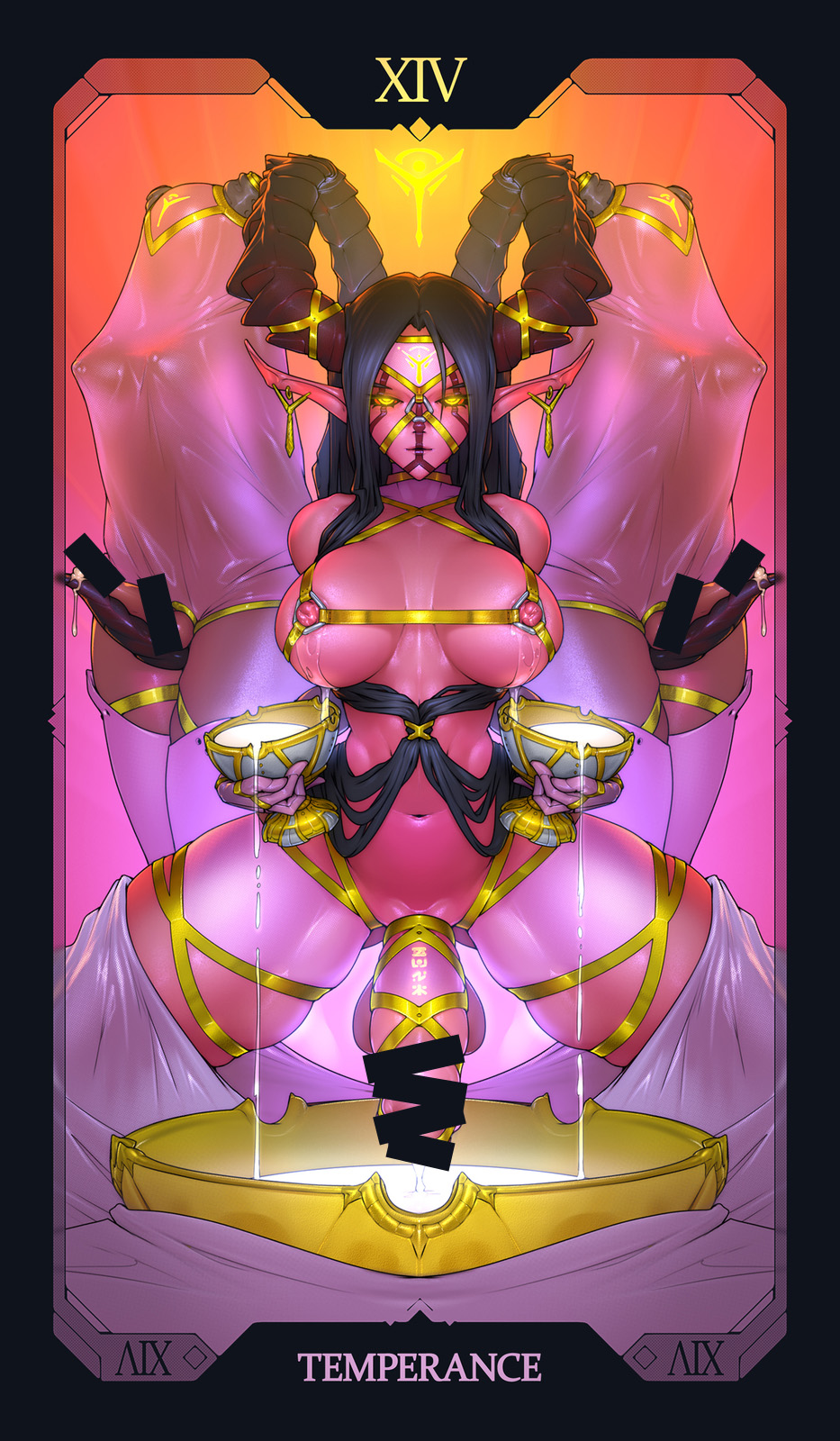 3futa bdsm bondage bound breast_milk_in_container breasts covered_erect_nipples cum curled_horns demon demon_girl demon_horns earrings ejaculation futanari gold_earrings highres horns jewelry lactating_into_container lactation large_breasts large_ears large_penis long_horns multiple_futa multiple_rings navel original penis ring tailbox tarot temperance_(tarot) testicles thick_thighs thighhighs thighs veil white_thighhighs