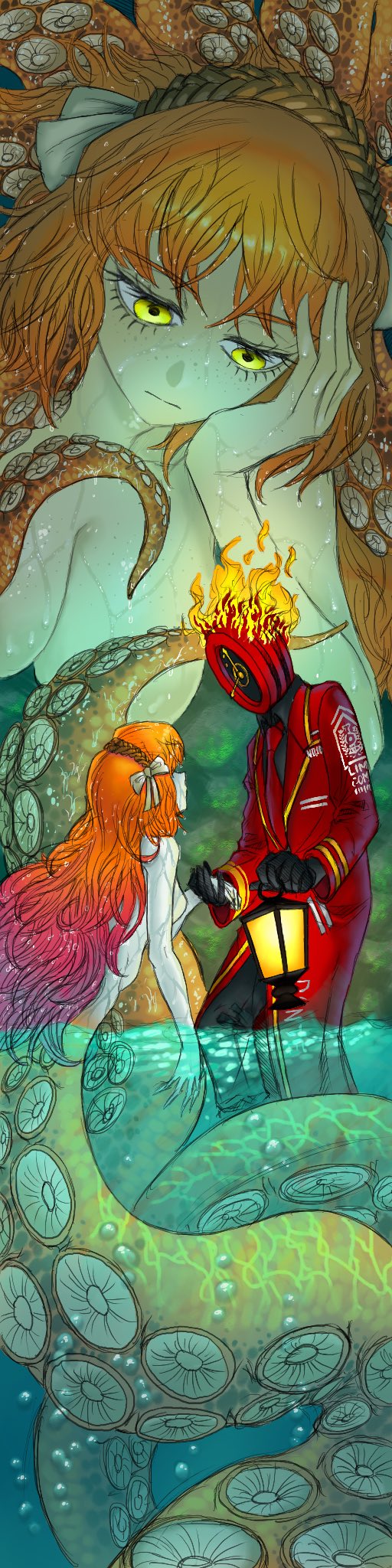 1girl 1other black_gloves brown_hairband clock coat dante_(limbus_company) fire flaming_head freckles gloves glowing glowing_eyes hairband highres holding_hands ishmael_(project_moon) limbus_company long_image long_sleeves monster_girl necktie object_head orange_hair other_with_female project_moon red_coat red_necktie sansan375223 suction_cups tall_image tentacle_girl tentacle_tail tentacles yellow_eyes