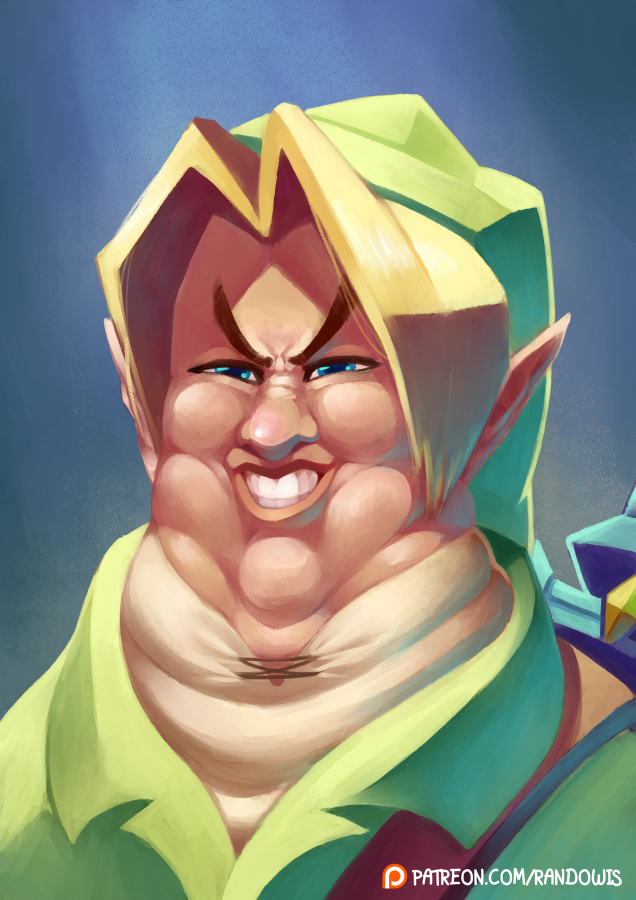 1boy artist_name blonde_hair blue_background blue_eyes green_hat green_shirt grin hair_intakes half-closed_eyes hat link male_focus master_sword nintendo patreon_logo patreon_username pointy_ears randowis shirt simple_background smile solo squinting sword teeth the_legend_of_zelda undershirt upper_body watermark weapon web_address what bad_tag