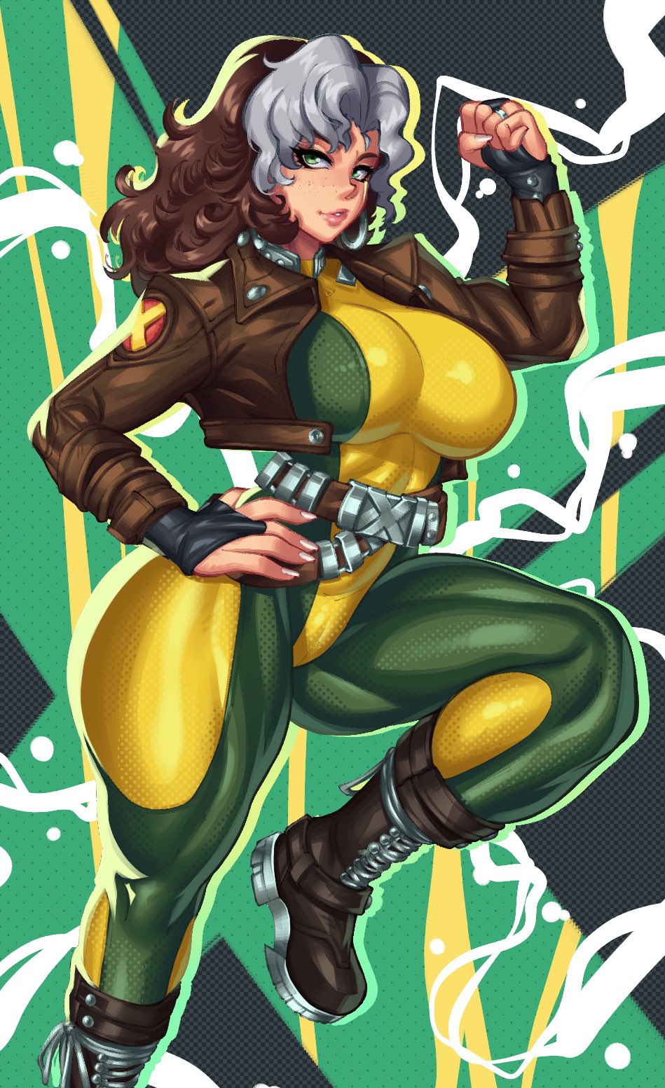 1girl belt boots breasts freckles green_eyes highres jacket marvel marvel_rivals multicolored_hair muscular muscular_female muscular_legs rogue_(x-men) solo thick_thighs thighs x-men