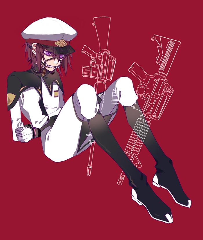 1boy arms_behind_back between_legs black_boots boots bound bound_wrists brown_hair coat commentary_request full_body gag gagged gloves gun gundam gundam_seed hair_between_eyes hat kira_yamato knee_boots male_focus military_hat military_uniform pants purple_eyes red_background rifle seed0x0 short_hair simple_background sitting solo weapon white_coat white_gloves white_pants