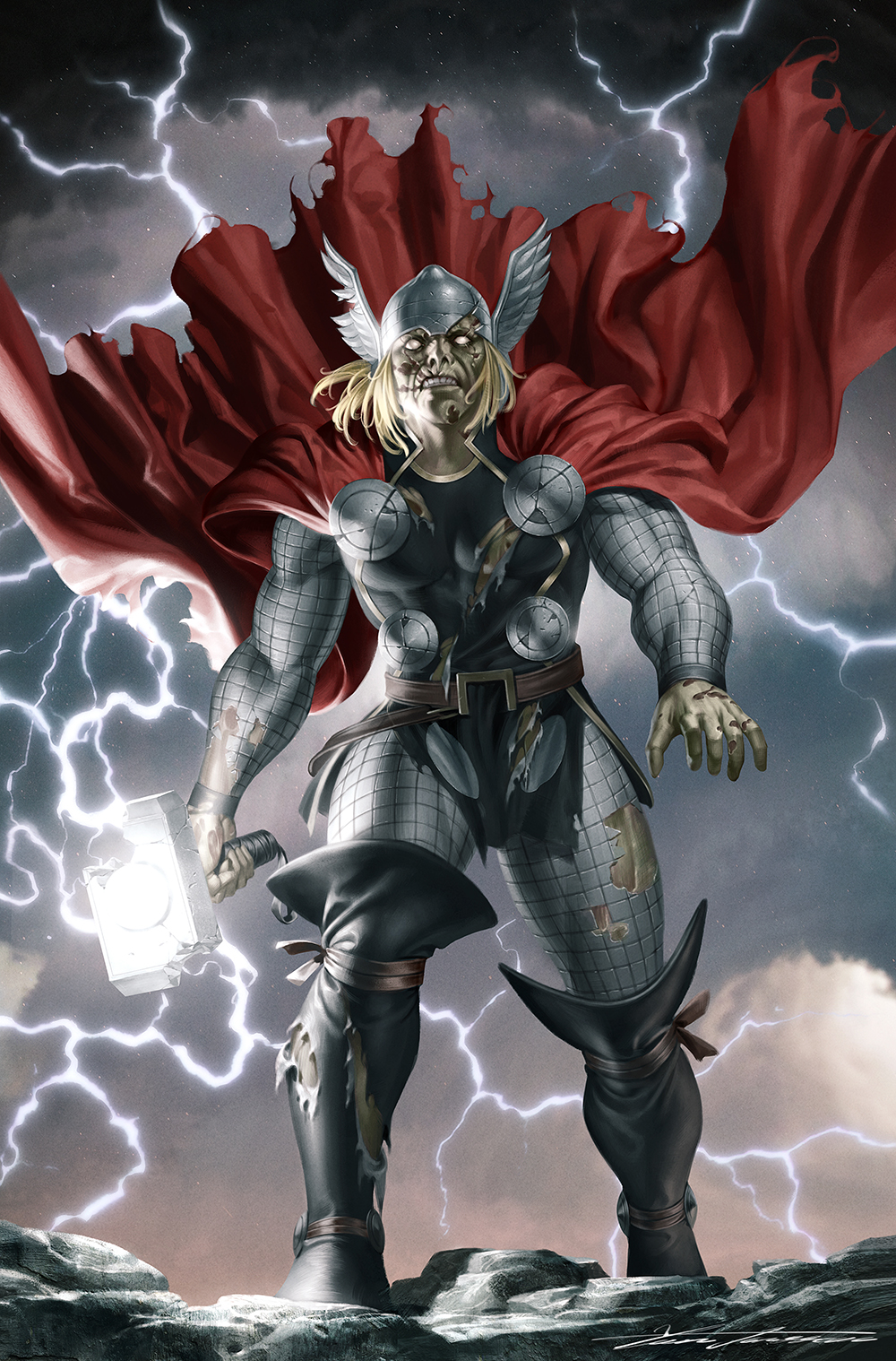 1boy armor blonde_hair broken_helmet cape clenched_teeth colored_skin comic_cover commentary english_commentary floating_cape full_body gradient_background green_skin grey_background hammer helmet highres holding holding_hammer holding_weapon lightning male_focus marvel marvel_zombies medium_hair mjolnir_(marvel) monster muscular muscular_male no_pupils official_art orange_background red_cape solo teeth thor_(marvel) thor_(marvel)_(series) torn_cape torn_clothes undead weapon winged_helmet yoon_junggeun zombie