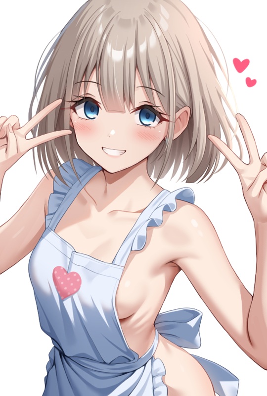 1girl apron armpits blue_eyes blush breasts collarbone commentary double_v earrings fingernails frilled_apron frills frozenpile grey_hair grin hands_up heart idolmaster idolmaster_shiny_colors jewelry looking_at_viewer naked_apron serizawa_asahi short_hair sideboob simple_background small_breasts smile solo v white_background