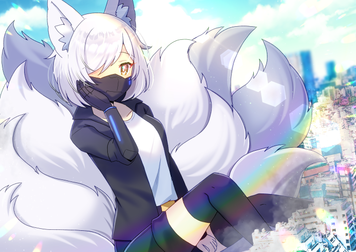 1girl animal_ears between_legs black_jacket black_shorts black_thighhighs blue_sky breasts brown_eyes cityscape cloud cloudy_sky commission copyright_request day fox_ears fox_girl fox_tail grey_hair hair_over_one_eye hand_between_legs hood hood_down hooded_jacket jacket kitsune kou_hiyoyo kyuubi looking_at_viewer mask medium_breasts mouth_mask multiple_tails open_clothes open_jacket outdoors rainbow shirt short_hair short_sleeves shorts skeb_commission sky solo tail thighhighs white_shirt