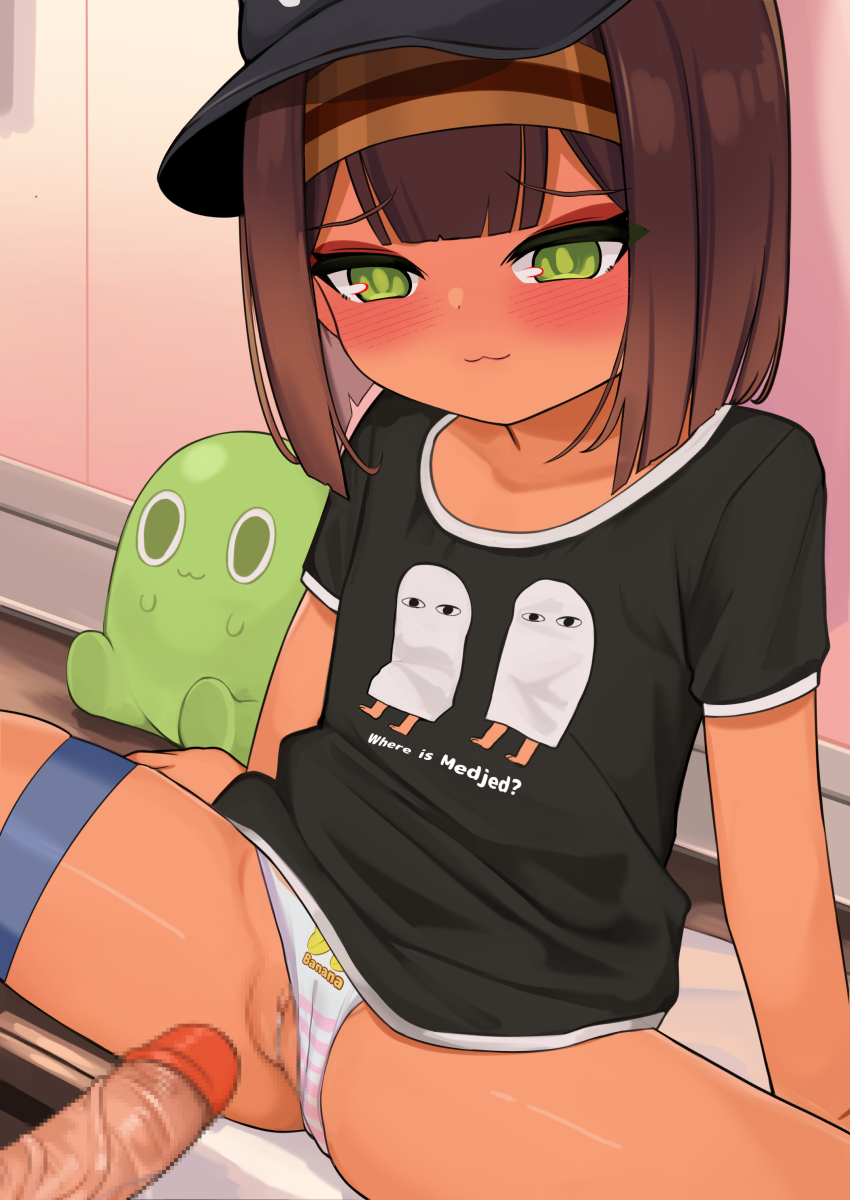 1boy 1girl astarte_(surio) black_shirt blush brown_hair censored clothing_aside dark-skinned_female dark_skin green_eyes hat hetero highres loli medjed_(surio) mosaic_censoring original paid_reward_available panties panties_aside penis sex shirt short_hair short_sleeves striped_clothes surio teeth underwear vaginal