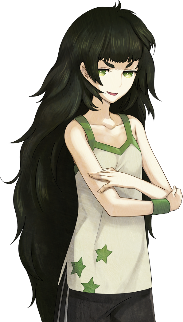 1girl armband bad_tag bare_shoulders black_shorts blunt_bangs collar collarbone crossed_arms flat_chest game_cg green_armband green_collar green_eyes green_hair green_trim hiyajou_maho huke large_variant_set long_hair looking_at_viewer messy_hair non-web_source official_art open_mouth science_adventure shorts smile solo sprite star_(symbol) star_print steins;gate steins;gate_0 striped_clothes striped_shorts tank_top transparent_background variant_set very_long_hair