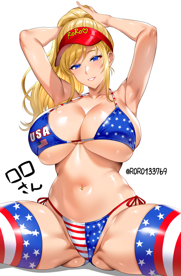 1girl adjusting_hair american_flag american_flag_bikini american_flag_print armpits arms_up bikini blonde_hair blue_eyes breasts cleavage commentary_request flag_print flag_print_bikini grin groin halterneck high_ponytail hozumi_kenji huge_breasts large_breasts long_hair navel original ponytail print_bikini side-tie_bikini_bottom sitting smile spread_legs swimsuit thighhighs underboob visor_cap