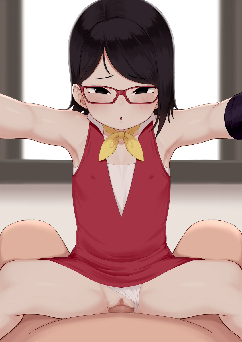 1boy 1girl atg_(wttoo0202) black_eyes black_hair boruto:_naruto_next_generations censored clothing_aside commentary_request dress glasses hetero highres loli looking_at_viewer mosaic_censoring naruto_(series) paid_reward_available panties panties_aside penis pov red-framed_eyewear red_dress sex uchiha_sarada underwear vaginal white_panties