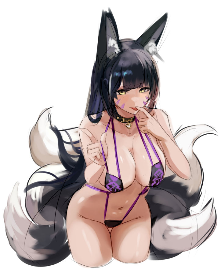 1girl animal_ear_fluff animal_ears azur_lane bare_shoulders bikini black_bikini black_hair breasts chiyu1182 choker cleavage collarbone commentary facepaint facial_mark finger_to_mouth fox_ears fox_girl fox_tail heart holding holding_string index_finger_raised kitsune large_breasts long_hair looking_at_viewer multiple_tails musashi_(azur_lane) navel purple_bikini solo standing string string_bikini swimsuit tail thick_thighs thighs tongue tongue_out very_long_hair white_background yellow_eyes