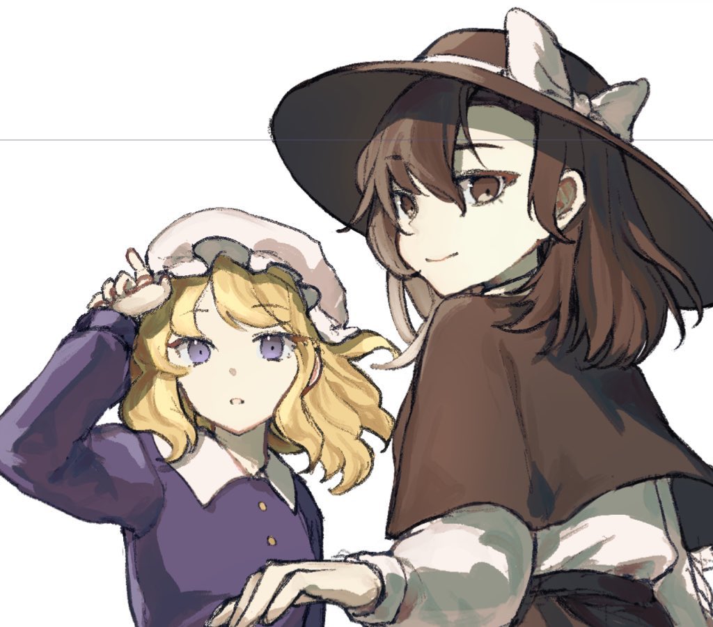 2girls black_capelet black_hat black_shirt blonde_hair bow brown_eyes brown_hair buttons capelet collared_dress commentary_request dress hand_in_own_hair hat hat_bow ika_(ikachan_334) long_sleeves looking_at_viewer looking_back maribel_hearn medium_hair mob_cap multiple_girls parted_lips purple_dress purple_eyes shirt shirt_tucked_in smile touhou upper_body usami_renko white_background white_bow white_hat white_shirt