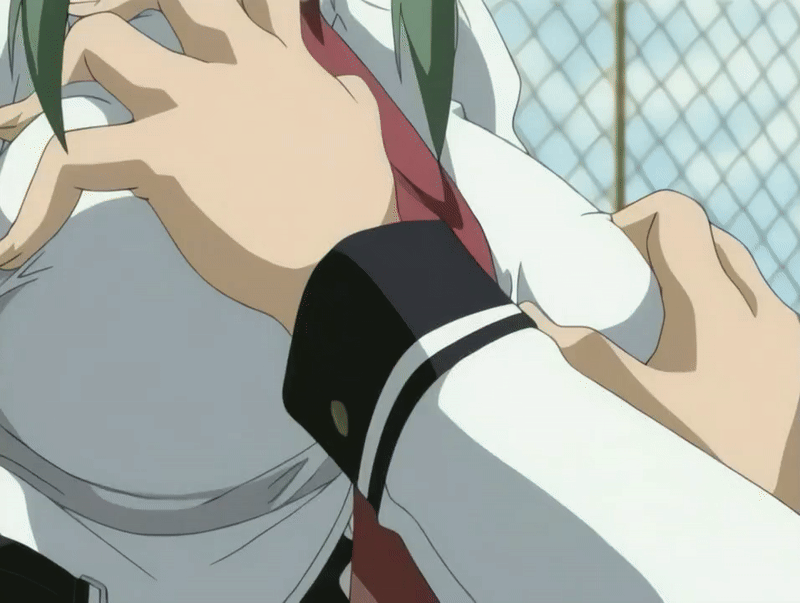 00s 1girl 2005 animated animated_gif bible_black bible_black_only bouncing_breasts breasts clothes_pull grabbing_another's_breast green_hair groping ito_mika large_breasts necktie nipple_arousal nipple_stimulation nipple_stimulation_through_clothes nipple_tweak nipple_tweak_through_clothes nipples_getting_hard open_clothes outdoors school school_roof school_rooftop school_uniform sunset tagme