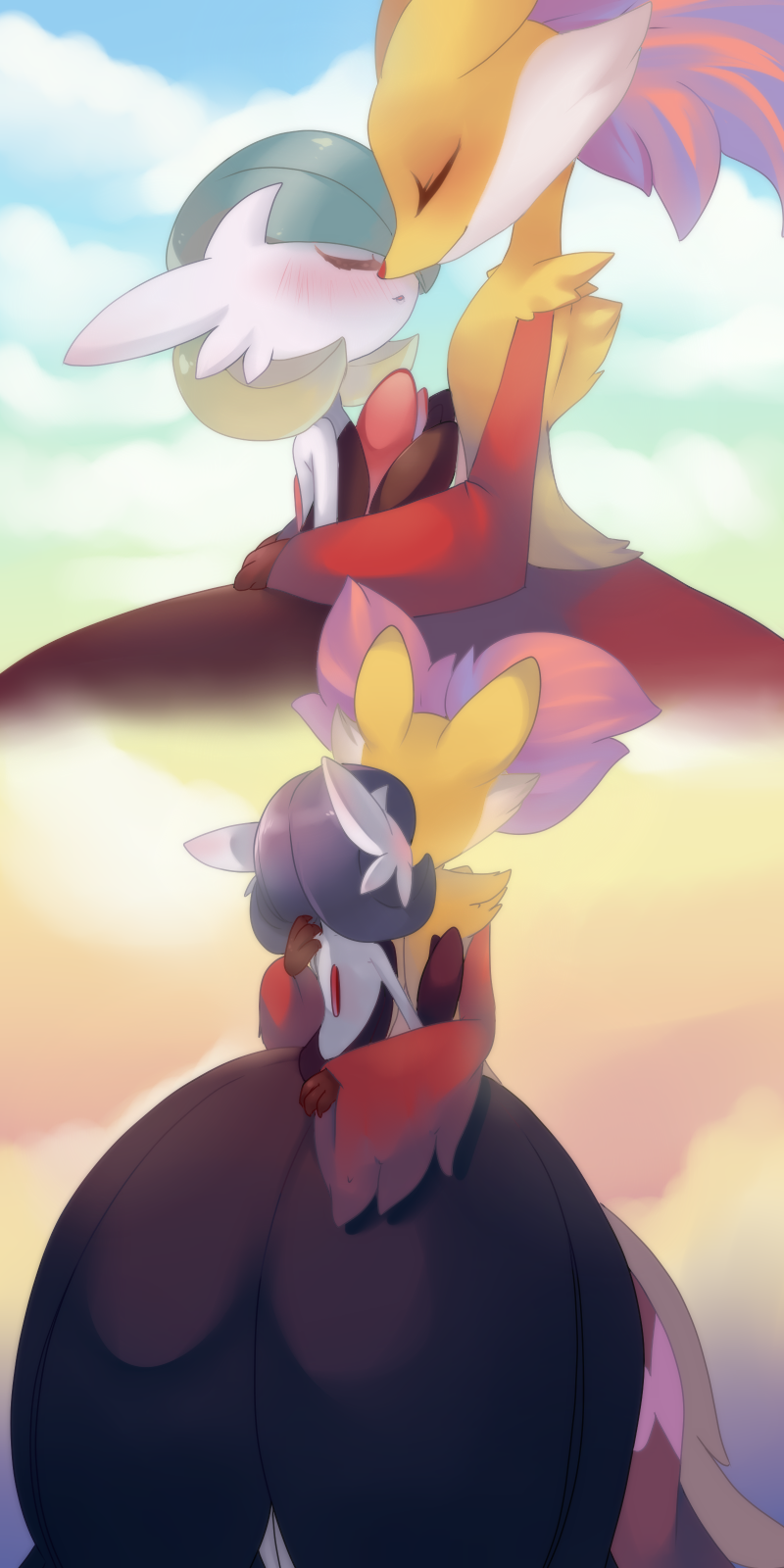 alternate_color black_dress blue_hair blush bob_cut closed_eyes cloud colored_skin delphox dress furry gardevoir gen_3_pokemon gen_6_pokemon highres hug kiss loyaldis mega_gardevoir mega_pokemon multicolored_fur nintendo orange_fur pokemon pokemon_(creature) shiny_pokemon strapless strapless_dress white_fur white_skin yellow_fur